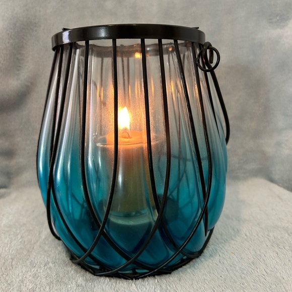 Large Blue Glass And Metal Candle Holder - Picture 2 of 6
